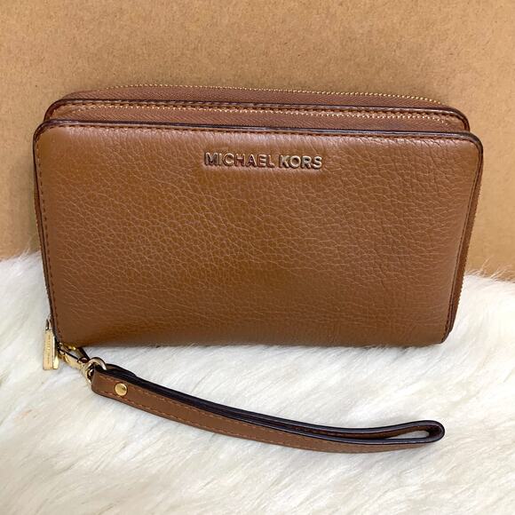 MICHAEL KORS Vintage JET SET Large Double Zip Brown Leather Wrist Wallet - Picture 1 of 16